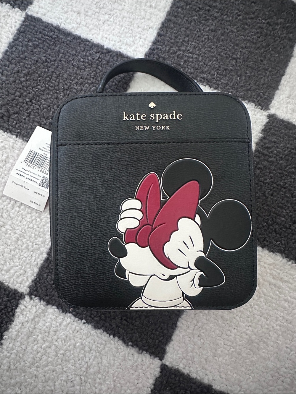 kate spade black mini crossbody with Minnie graphic and red bow